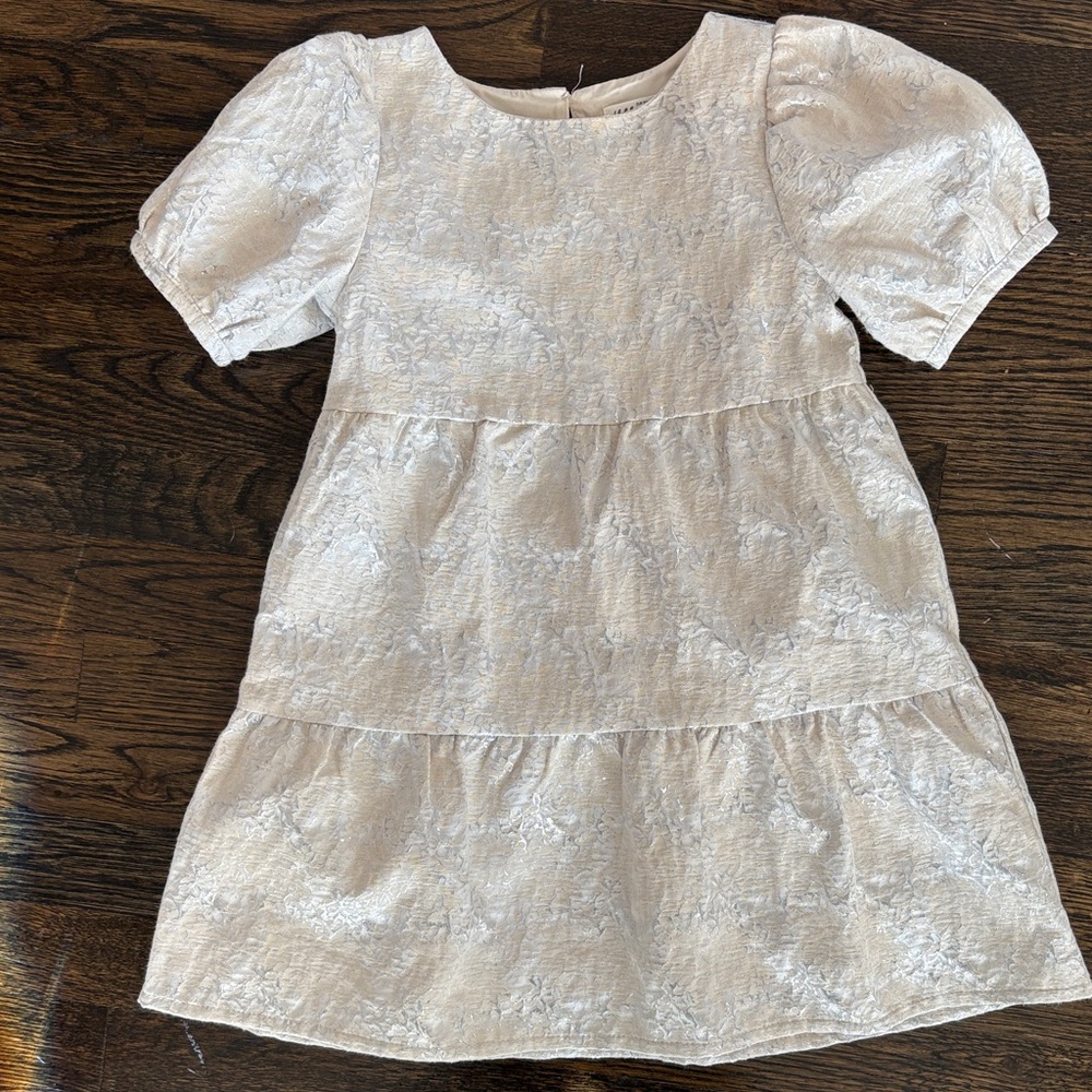 Elegant Silver and Cream Kids Dress with Puff Sleeves